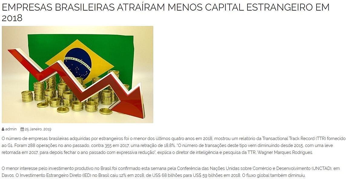 Empresas brasileiras atraram menos capital estrangeiro em 2018